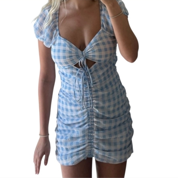 Urban Outfitters Gingham Ruched Bodycon Tie Mini Dress White Blue Size Large - Picture 1 of 16